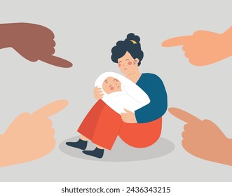 Single mother holds her baby and suffers from fingers pointed at her that threat them. People blaming and bullying mom with newborn. Social pressure, family abuse, domestic violence concept