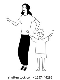 Single mother with kid son in black and white