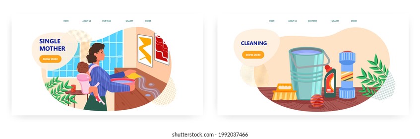 Single mother landing page design, website banner vector template set. Mother doing housework with baby in carry bag.