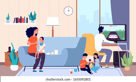 Single mother. Mom feeds baby, large family. Nanny or babysitter and little children in room vector illustration