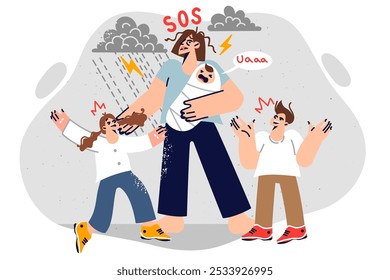 Single mother needs help due to lack of financial opportunity to raise children. Single mother cries, standing under clouds with rain and shouts sos while waiting for social benefits