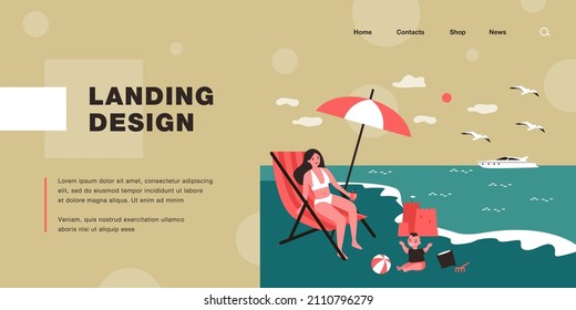 Single Mother Relaxing On Beach With Son. Woman Sitting On Chair, Child Playing With Ball, Sand Castle Flat Vector Illustration. Vacation, Family Concept For Banner, Website Design Or Landing Web Page