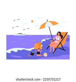 Single mother relaxing on beach with son. Woman sitting on chair, child playing with ball, sand castle flat vector illustration. Vacation, family concept for banner, website design
