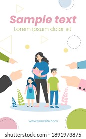 Single mother social problems. Hands of people pointing at woman with three kids flat vector illustration. Mom with many children, motherhood concept for banner, website design or landing web page