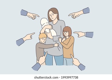 Single mother social problems. Hands of people pointing at woman with children cartoon characters feeling down and sad vector illustration 