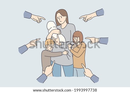 Single mother social problems. Hands of people pointing at woman with children cartoon characters feeling down and sad vector illustration 