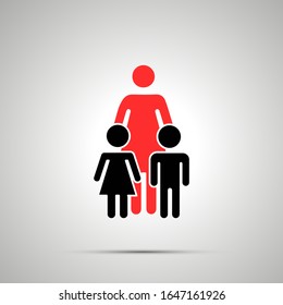 Madre soltera con dos siluetas infantiles, simple icono negro con sombra