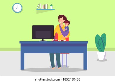 Single mother work from home vector concept: Single mother working with her baby while using computer