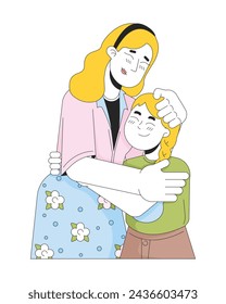 Madre soltera niña abrazando 2D personajes de dibujos animados lineales. Madre caucásica hija pequeña abraza aislada línea vector personas fondo blanco. Ilustración de mancha plana de color de cuidado reconfortante