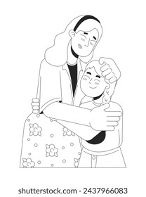 Single mother young girl embracing black and white 2D line cartoon characters. Caucasian mom little daughter hugs isolated vector outline people. Comforting caring monochromatic flat spot illustration