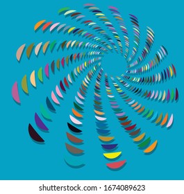 Single mottled, multi-color and colorful spiral, swirl, twirl element. Twisted cyclic, circular and radial, radiating whorl, volute shape over colored backdrop, background