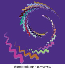 Single mottled, multi-color and colorful spiral, swirl, twirl element. Twisted cyclic, circular and radial, radiating whorl, volute shape over colored backdrop, background