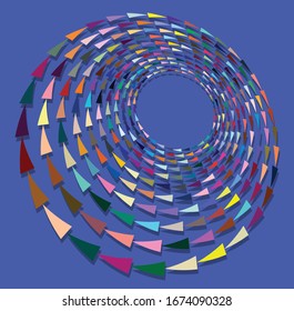 Espiral monomotor, multicolor y colorida, giratoria, giratoria. Torsión cíclica, circular y radial, giro radiante, forma voluta sobre fondo coloreado, fondo