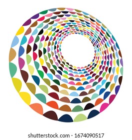 Single mottled, multi-color and colorful spiral, swirl, twirl element. Twisted cyclic, circular and radial, radiating whorl, volute shape