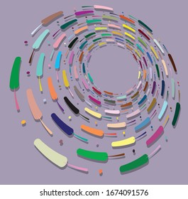Single mottled, multi-color and colorful spiral, swirl, twirl element. Twisted cyclic, circular and radial, radiating whorl, volute shape over colored backdrop, background