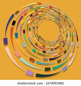 Single mottled, multi-color and colorful spiral, swirl, twirl element. Twisted cyclic, circular and radial, radiating whorl, volute shape over colored backdrop, background