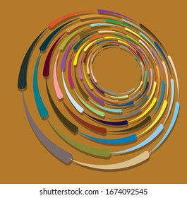 Single mottled, multi-color and colorful spiral, swirl, twirl element. Twisted cyclic, circular and radial, radiating whorl, volute shape over colored backdrop, background