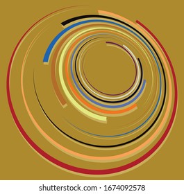Single mottled, multi-color and colorful spiral, swirl, twirl element. Twisted cyclic, circular and radial, radiating whorl, volute shape over colored backdrop, background