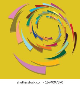 Single mottled, multi-color and colorful spiral, swirl, twirl element. Twisted cyclic, circular and radial, radiating whorl, volute shape over colored backdrop, background