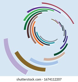 Single mottled, multi-color and colorful spiral, swirl, twirl element. Twisted cyclic, circular and radial, radiating whorl, volute shape over colored backdrop, background