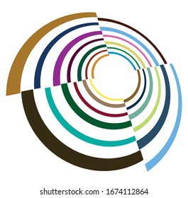 Single mottled, multi-color and colorful spiral, swirl, twirl element. Twisted cyclic, circular and radial, radiating whorl, volute shape