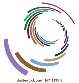 Single mottled, multi-color and colorful spiral, swirl, twirl element. Twisted cyclic, circular and radial, radiating whorl, volute shape