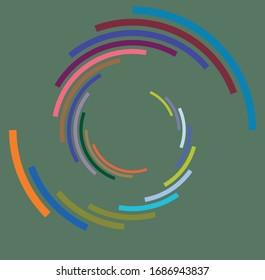 Single mottled, multi-color and colorful spiral, swirl, twirl element. Twisted cyclic, circular and radial, radiating whorl, volute shape over colored backdrop, background