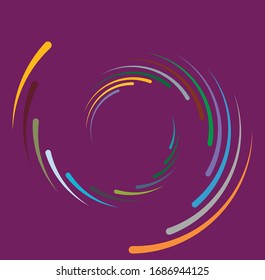 Single mottled, multi-color and colorful spiral, swirl, twirl element. Twisted cyclic, circular and radial, radiating whorl, volute shape over colored backdrop, background