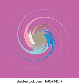 Single mottled, multi-color and colorful spiral, swirl, twirl element. Twisted cyclic, circular and radial, radiating whorl, volute shape over colored backdrop, background