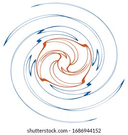 Single mottled, multi-color and colorful spiral, swirl, twirl element. Twisted cyclic, circular and radial, radiating whorl, volute shape
