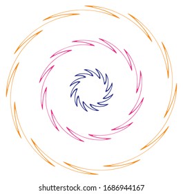 Espiral monomotor, multicolor y colorida, giratoria, giratoria. Torsión cíclica, circular y radial, forma radiante, voluta