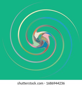 Einmaliges, mehrfarbiges und bunter Spiralspirale, wirbelndes, wirbelhaftes Element. Twisted zyklisch, kreisförmig und radial, strahlend, volt auf buntem Hintergrund, Hintergrund