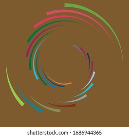 Single mottled, multi-color and colorful spiral, swirl, twirl element. Twisted cyclic, circular and radial, radiating whorl, volute shape over colored backdrop, background