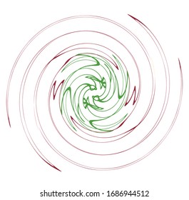 Single mottled, multi-color and colorful spiral, swirl, twirl element. Twisted cyclic, circular and radial, radiating whorl, volute shape