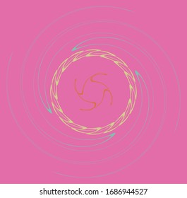 Single mottled, multi-color and colorful spiral, swirl, twirl element. Twisted cyclic, circular and radial, radiating whorl, volute shape over colored backdrop, background