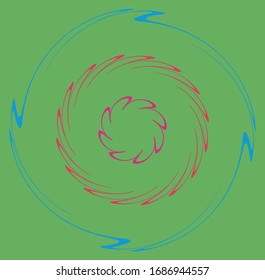 Einmaliges, mehrfarbiges und bunter Spiralspirale, wirbelndes, wirbelhaftes Element. Twisted zyklisch, kreisförmig und radial, strahlend, volt auf buntem Hintergrund, Hintergrund