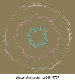 Einmaliges, mehrfarbiges und bunter Spiralspirale, wirbelndes, wirbelhaftes Element. Twisted zyklisch, kreisförmig und radial, strahlend, volt auf buntem Hintergrund, Hintergrund