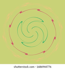 Single mottled, multi-color and colorful spiral, swirl, twirl element. Twisted cyclic, circular and radial, radiating whorl, volute shape over colored backdrop, background