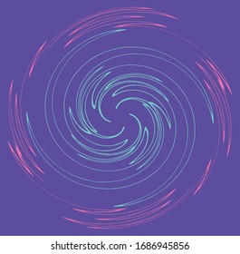 Single mottled, multi-color and colorful spiral, swirl, twirl element. Twisted cyclic, circular and radial, radiating whorl, volute shape over colored backdrop, background