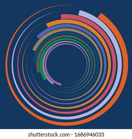 Single mottled, multi-color and colorful spiral, swirl, twirl element. Twisted cyclic, circular and radial, radiating whorl, volute shape over colored backdrop, background