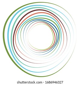 Single mottled, multi-color and colorful spiral, swirl, twirl element. Twisted cyclic, circular and radial, radiating whorl, volute shape