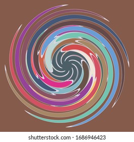 Single mottled, multi-color and colorful spiral, swirl, twirl element. Twisted cyclic, circular and radial, radiating whorl, volute shape over colored backdrop, background