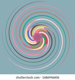 Single mottled, multi-color and colorful spiral, swirl, twirl element. Twisted cyclic, circular and radial, radiating whorl, volute shape over colored backdrop, background