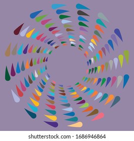 Single mottled, multi-color and colorful spiral, swirl, twirl element. Twisted cyclic, circular and radial, radiating whorl, volute shape over colored backdrop, background