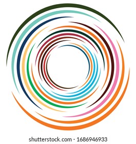 Single mottled, multi-color and colorful spiral, swirl, twirl element. Twisted cyclic, circular and radial, radiating whorl, volute shape