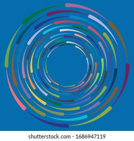 Single mottled, multi-color and colorful spiral, swirl, twirl element. Twisted cyclic, circular and radial, radiating whorl, volute shape over colored backdrop, background