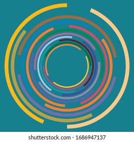 Single mottled, multi-color and colorful spiral, swirl, twirl element. Twisted cyclic, circular and radial, radiating whorl, volute shape over colored backdrop, background