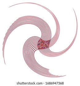 Single mottled, multi-color and colorful spiral, swirl, twirl element. Twisted cyclic, circular and radial, radiating whorl, volute shape
