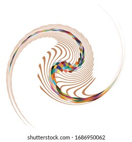 Single mottled, multi-color and colorful spiral, swirl, twirl element. Twisted cyclic, circular and radial, radiating whorl, volute shape