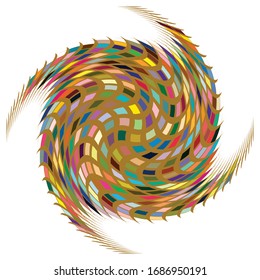 Single mottled, multi-color and colorful spiral, swirl, twirl element. Twisted cyclic, circular and radial, radiating whorl, volute shape
